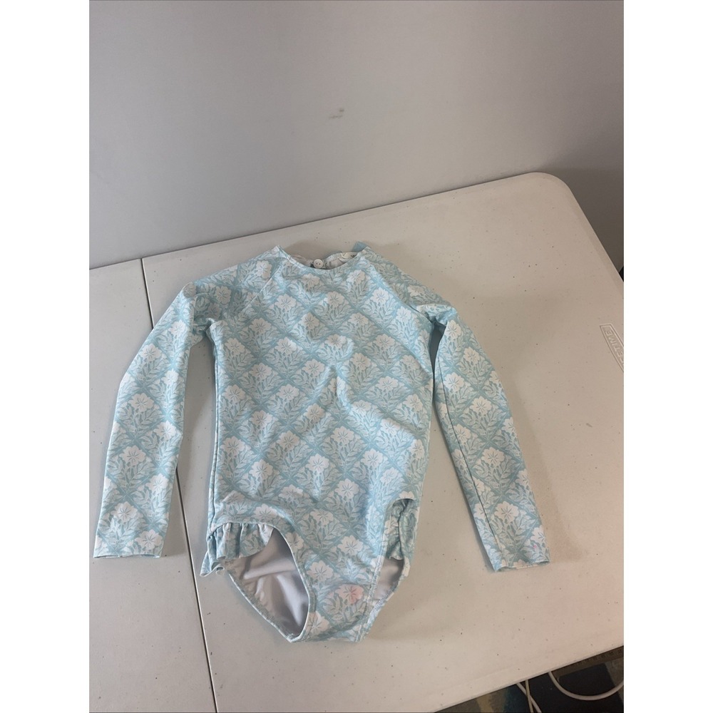Minnow Rashguard Swimsuit Girls 5/6 T Blue Floral One Piece Swimsuit Bow Cute